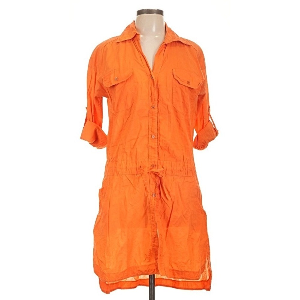 Max Mara Utility Shirt Dress Womens L 100% Cotton Roll Tab Drawstring Waist